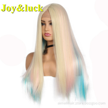 Wholesale Price Ladies Hair Cosplay Or party Natural Long Straight Ombre Pink Green Blue Lace Front Synthetic Women Hair Wig
